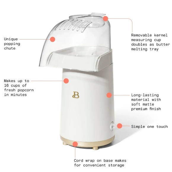 💕 New Beautiful White Icing 16 Cup Hot Air Electric Popcorn Maker - Picture 3 of 11